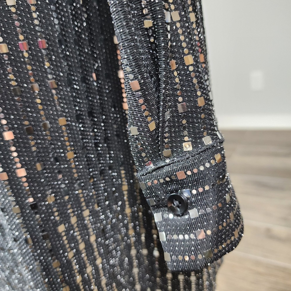 Cider Silver Sequin Metallic Button Up Long Sleeve Mini Dress Black Large - Picture 7 of 12